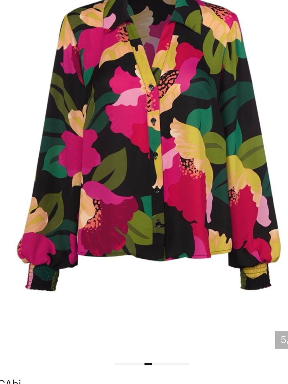 CAbi Floral Button-Front Blouse in Black, Fuchsia, Green and Yellow